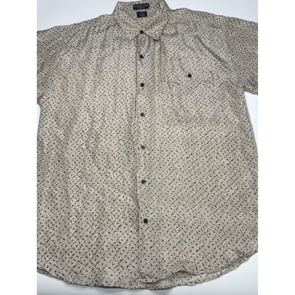 Montage Pour Homme Mens 100% Silk‎ Geometric Diamond Short Sleeve Shirt Beige M